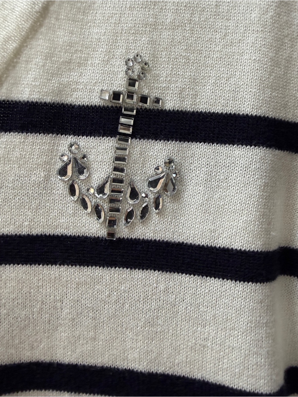 Tommy Hilfiger Sweater S White Navy Striped Anchor Rhinestone V-Neck Cotton Knit - Picture 3 of 10